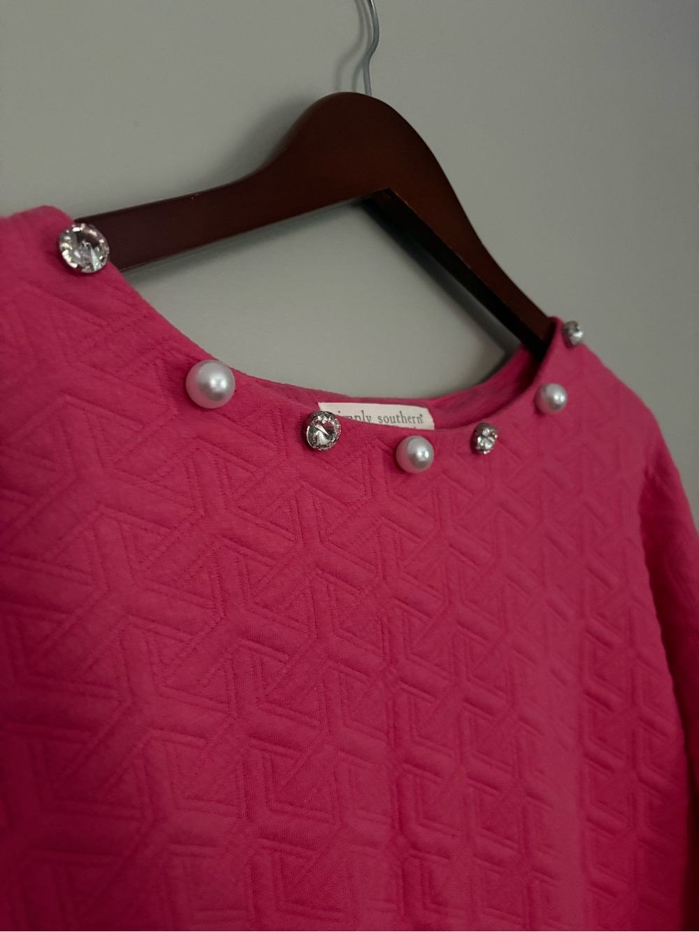 Simply Southern Quilted Pearl Rhinestone Mini Dress L Pink Babydoll - Picture 3 of 9